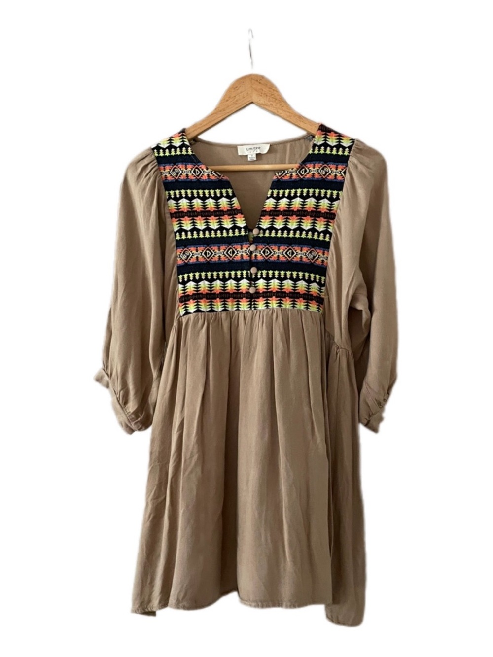 Umgee Women’s Tan Boho Mini Dress with Colorful Embroidered Bodice - S
